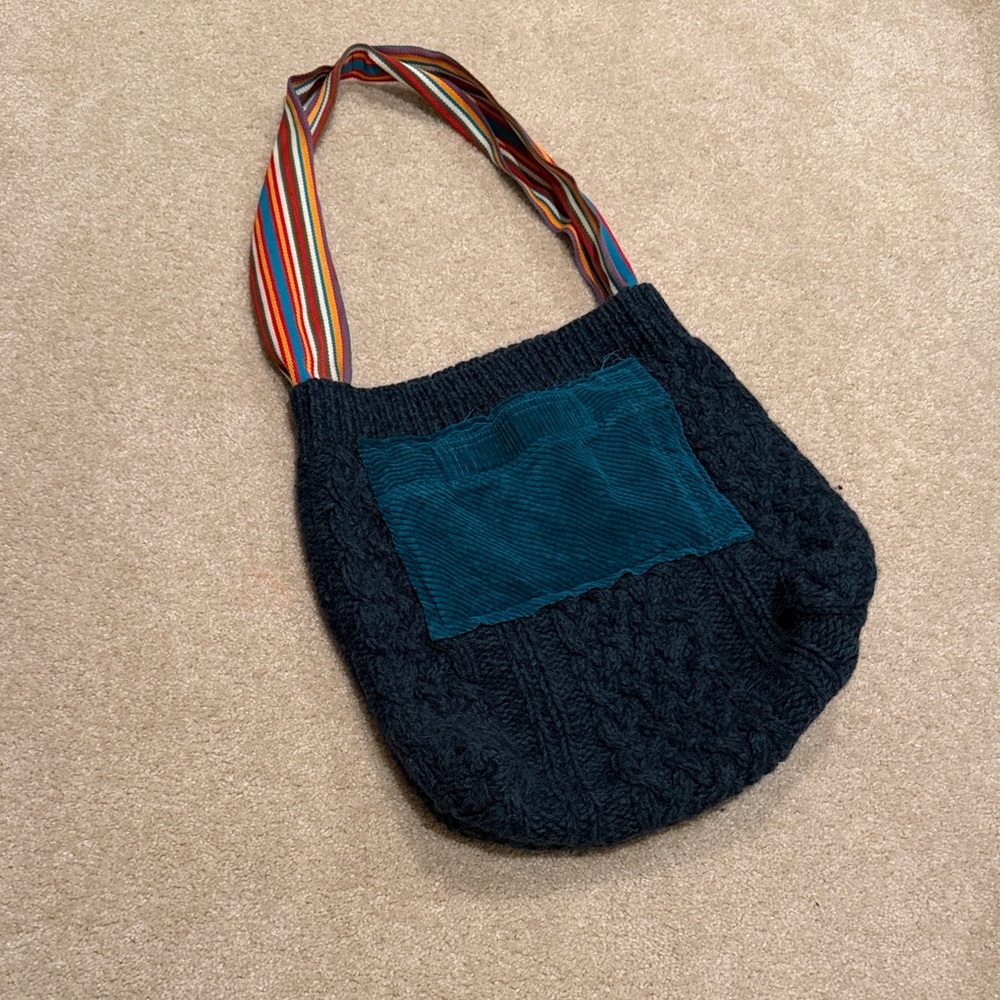 Unique bag made out of sweater and corduroy, striped strap!